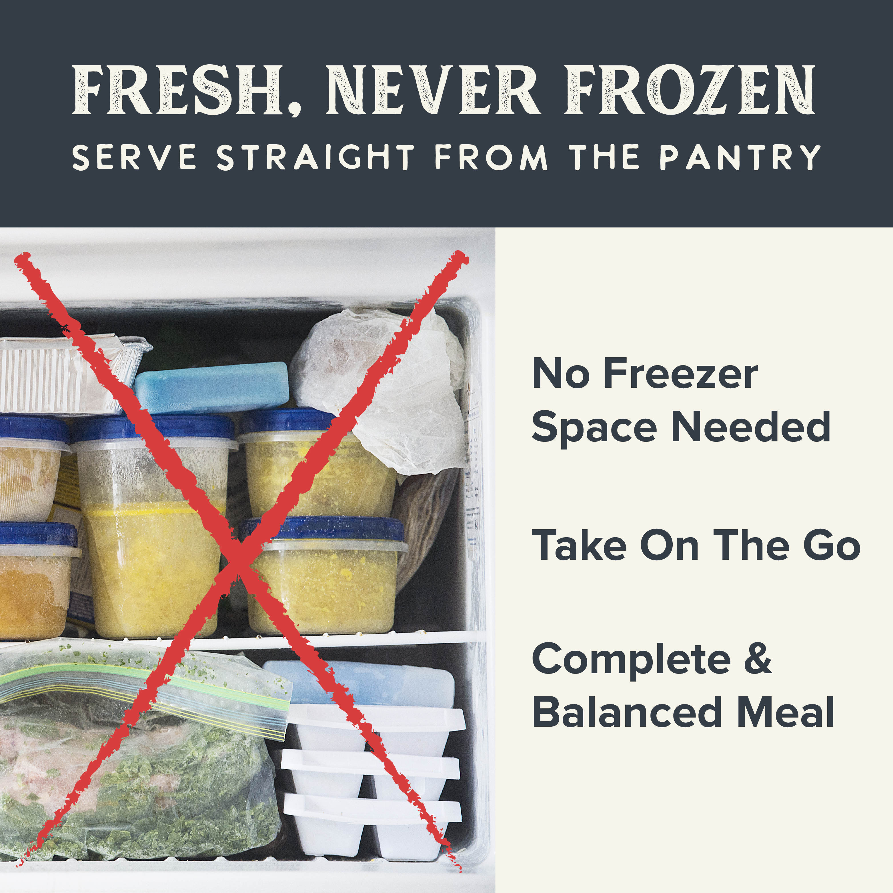 Image showing frozen meals in a freezer. Gently cooked is fresh, never frozen.