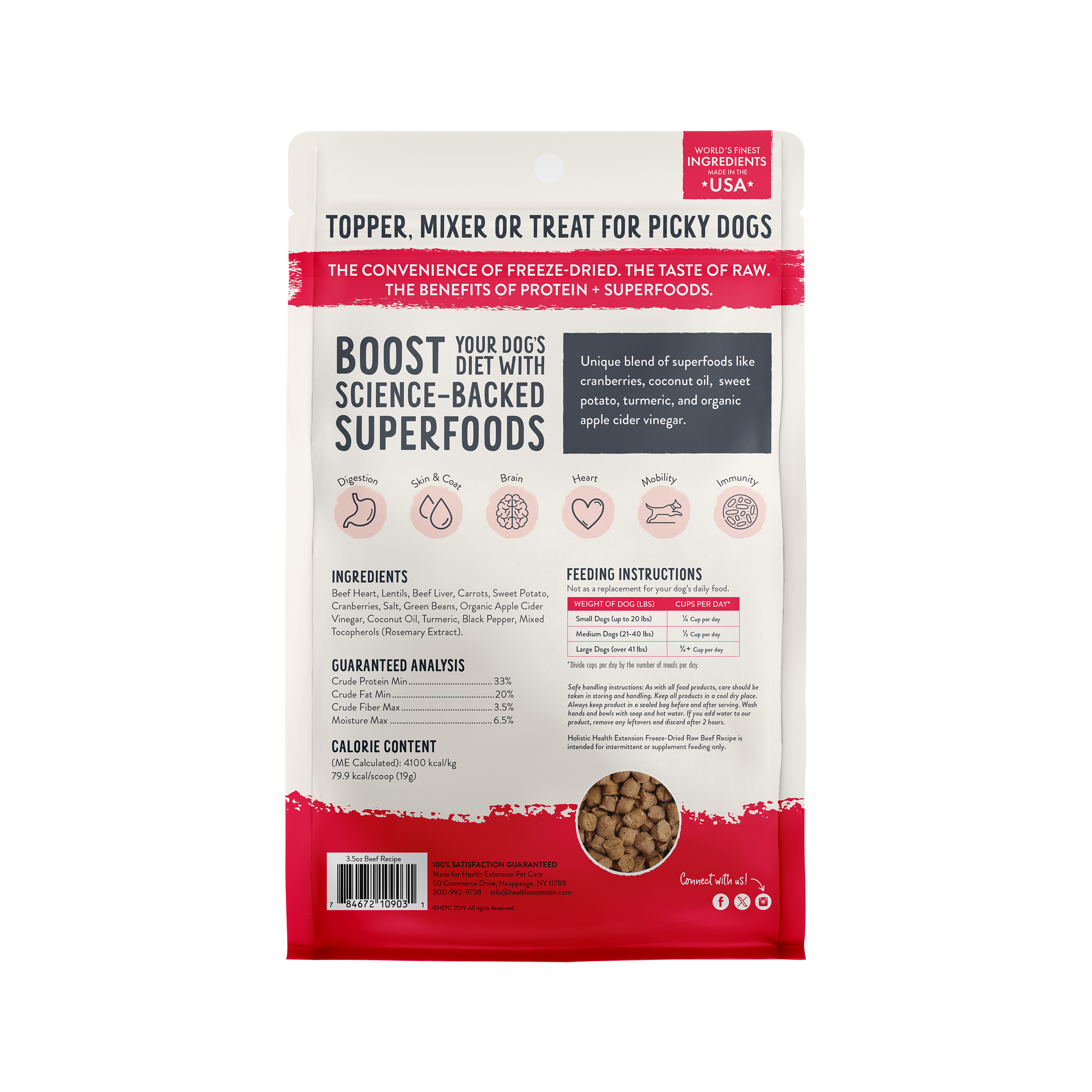 Freeze Dried Raw Beef Recipe back of Package showing ingredients, feeding instructions, guarantee analysis, calorie content