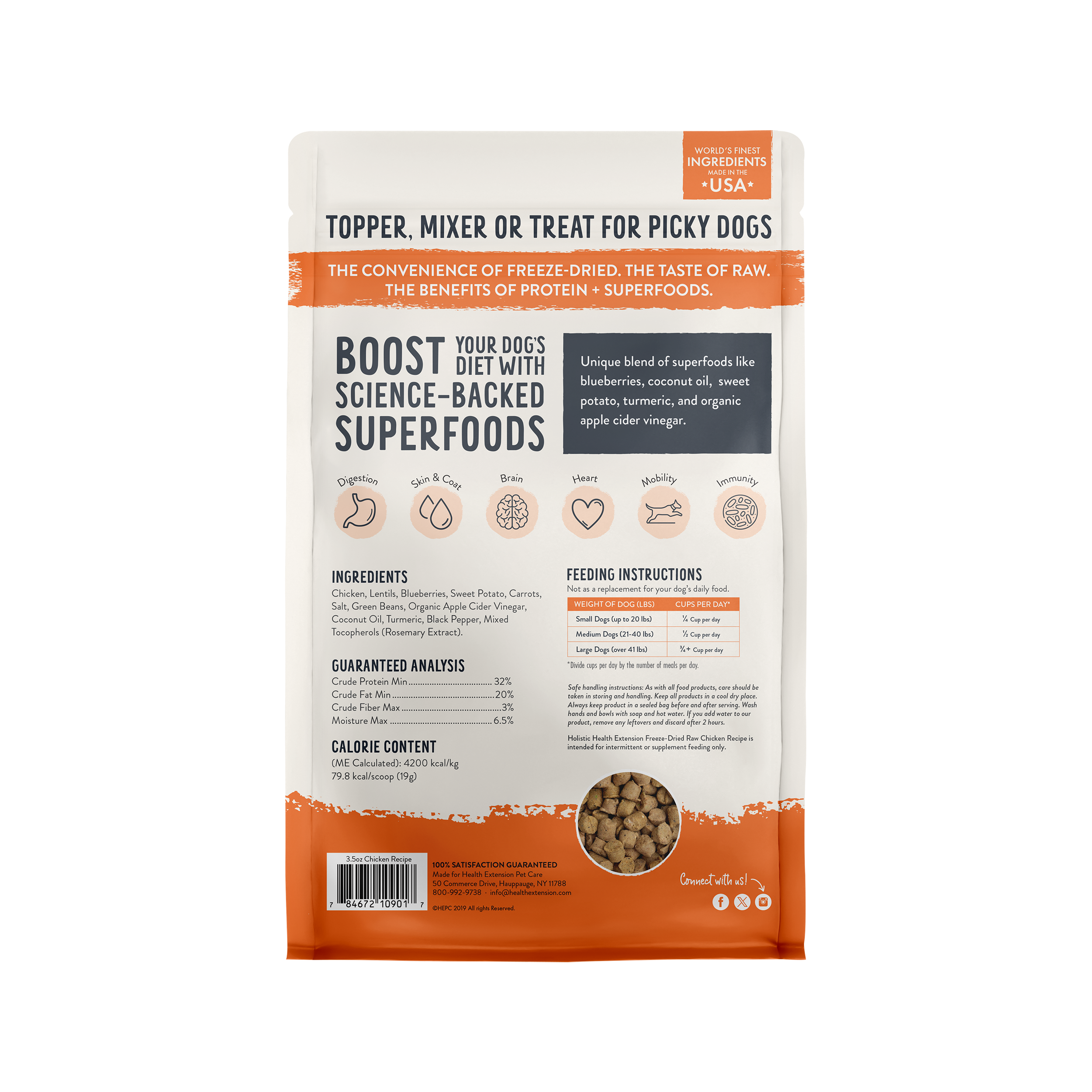 Freeze Dried Raw Chicken Recipe back of Package showing ingredients, feeding instructions, guarantee analysis, calorie content