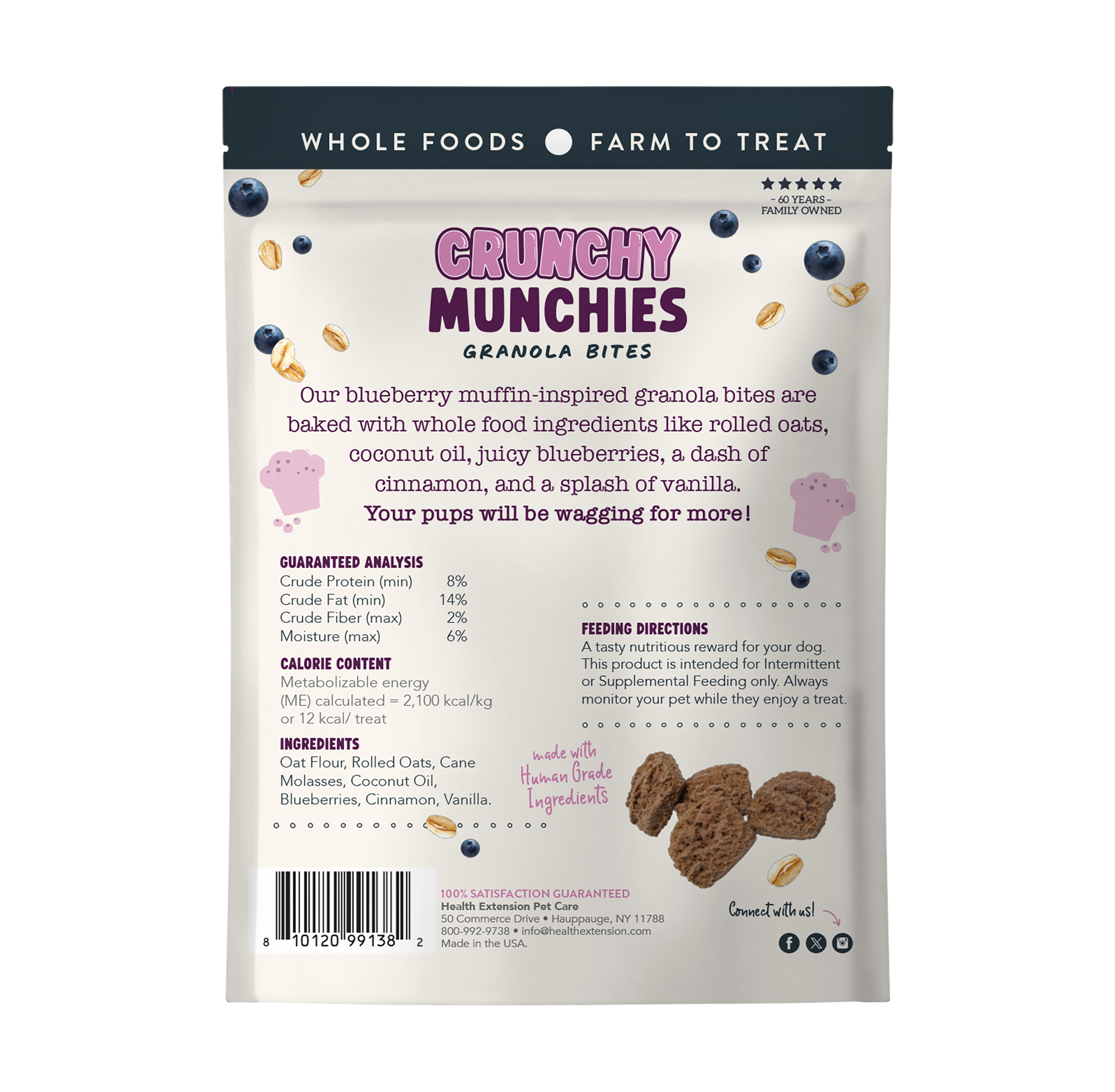 Crunchy Munchies Blueberry Ruffin back of bag image showing product description, guarantee analysis, calories, ingredients and feeding directions