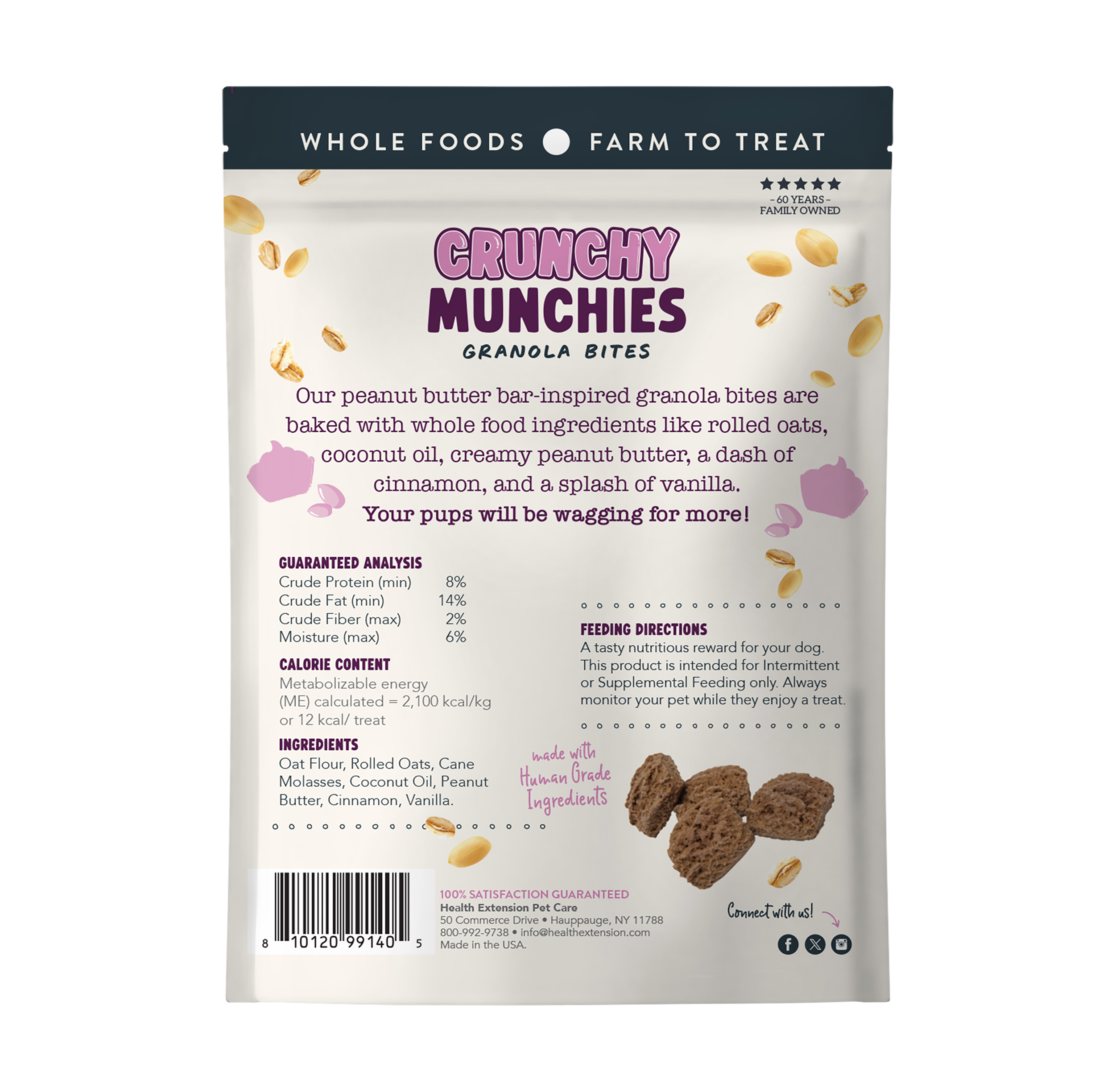 Crunchy Munchies Peanutty Squares back of bag image showing product description, guarantee analysis, calories, ingredients, and feeding instructions 