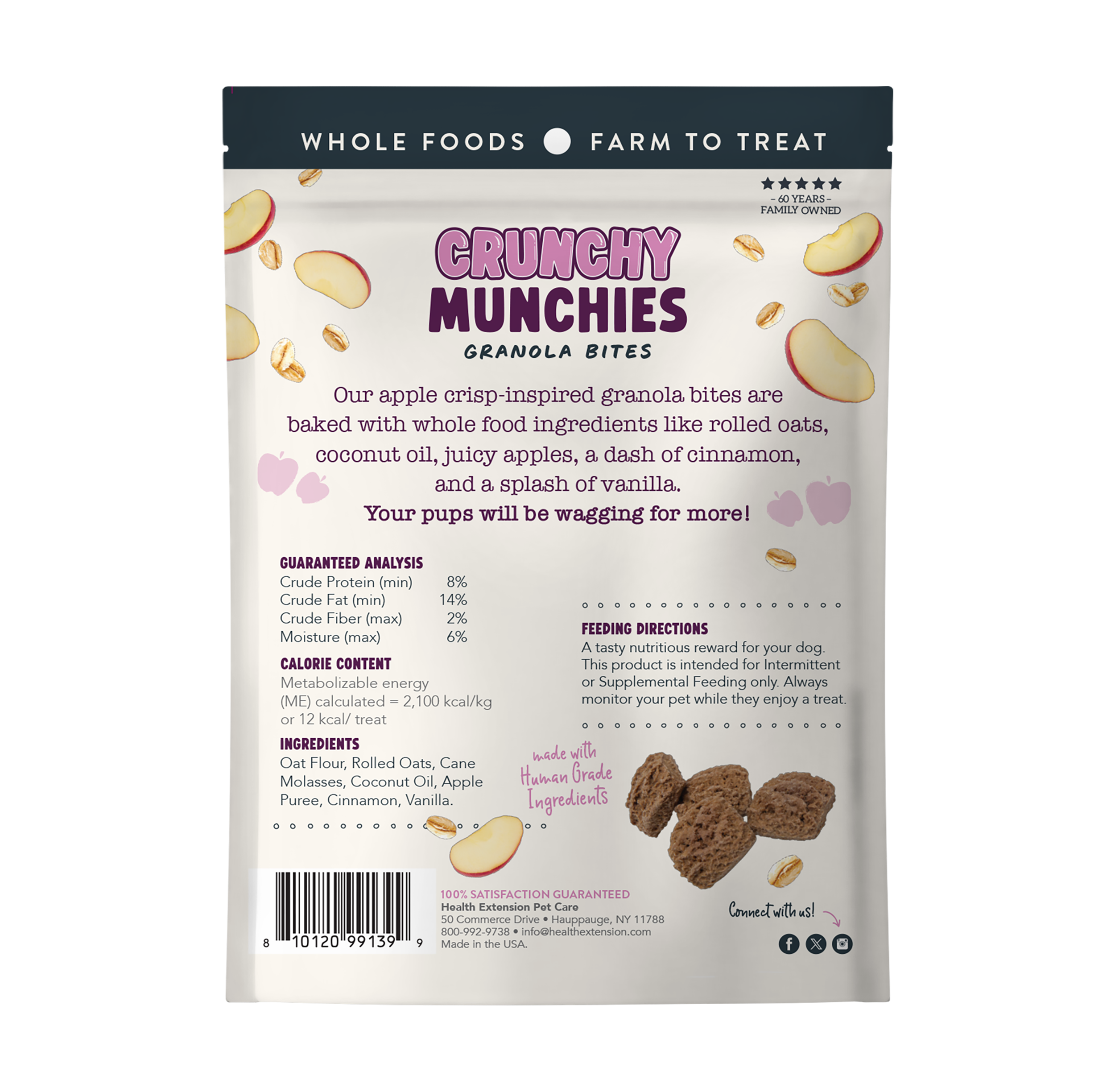 Crunchy Munchies Appley Crisp back of bag image showing product description, guarantee analysis, calories, ingredients and feeding directions