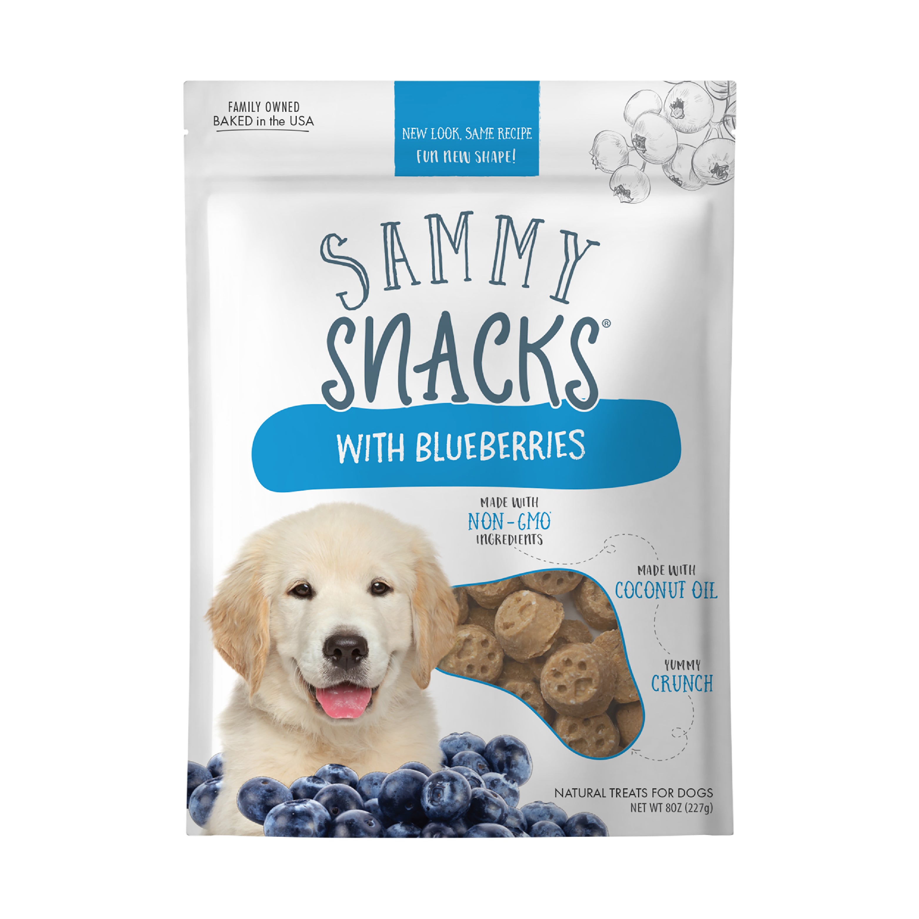 Sammy Snack Blueberry Recipe front of bag showing treat features