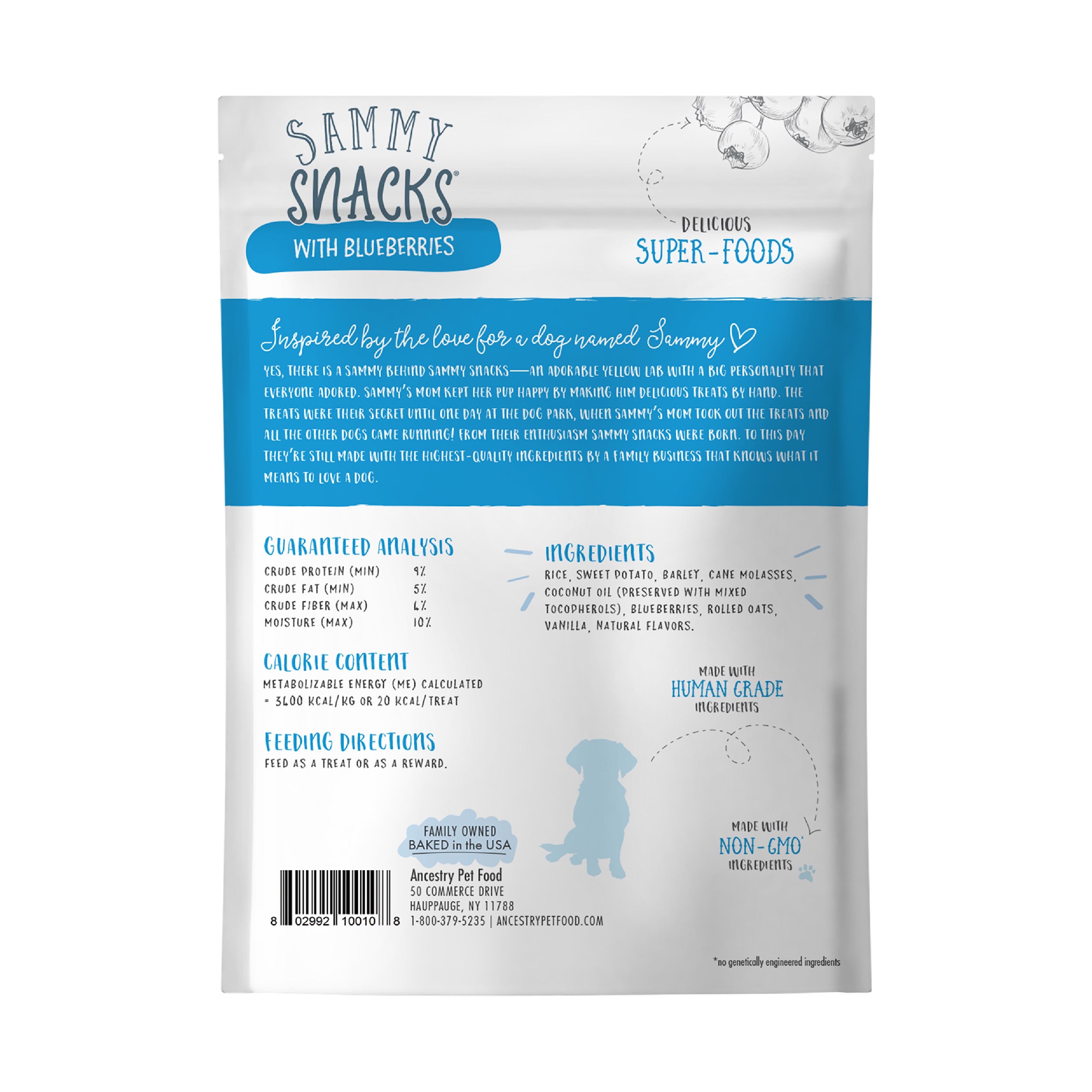 Sammy Snacks Blueberry back of bag showing guarantee analysis, calories ingredients, and feeding directions