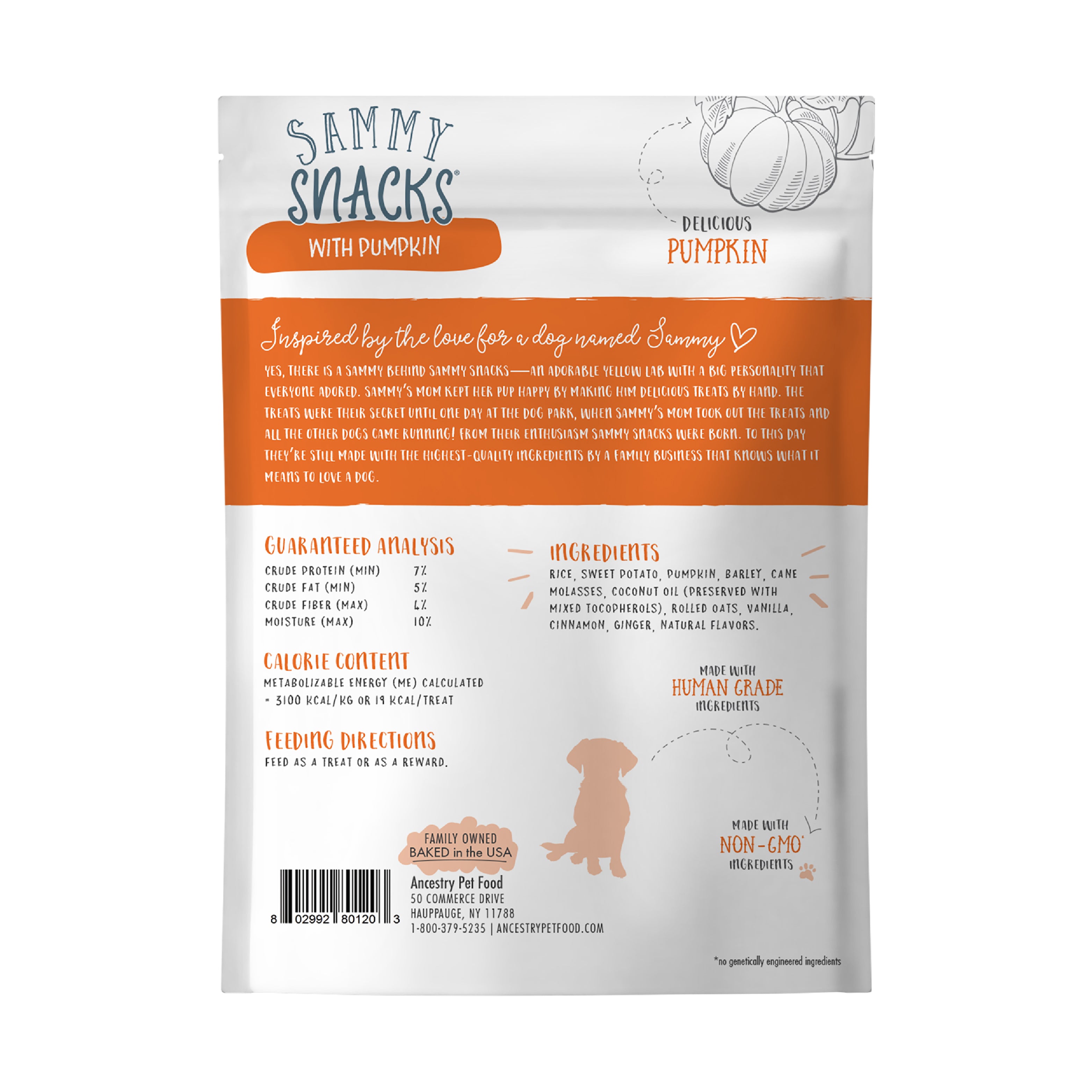 Sammy Snacks Pumpkin back of bag showing guarantee analysis, calories ingredients, and feeding directions